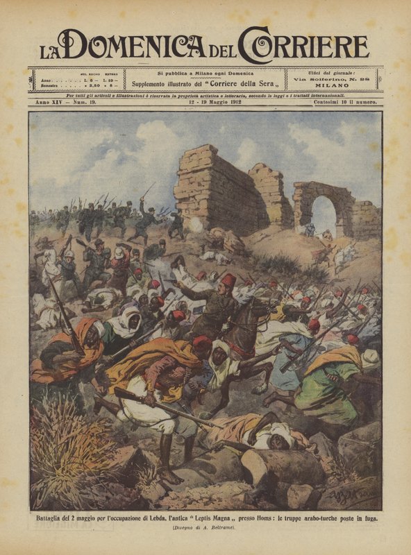 Batalha de 2 de maio para a ocupação de Lebda, a antiga Leptis Magna em Homs de Achille Beltrame