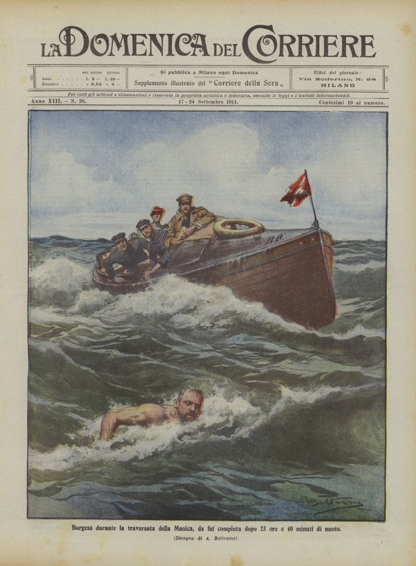 Burgess durante a travessia do Canal, que completou após 23 horas e 40 minutos de natação de Achille Beltrame