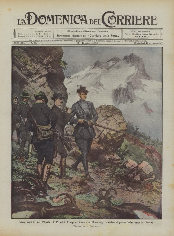 Caças reais em Val d&39;Aosta, o rei alemão e Kronprinz matam cabras da montanha perto de Valsavaranche (Aosta) de Achille Beltrame