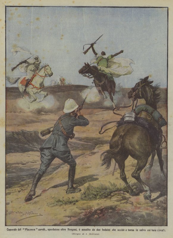 Cabo de cavalos de Piacenza, perdido além de Benghazi, e assaltado por dois beduínos que matam de Achille Beltrame
