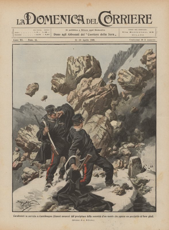 Carabinieri em serviço em Castelmagno (Cuneo) surpreendido pelo precipício do ápice de uma montanha de Achille Beltrame