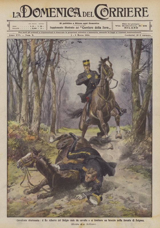 Passeio azarado, o rei Albert da Bélgica cai de seu cavalo e quebra o braço na floresta de Soignes de Achille Beltrame