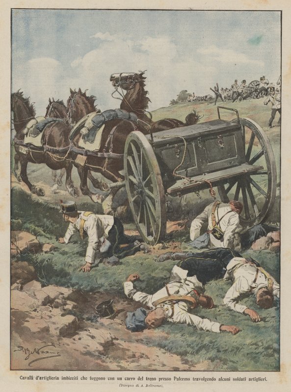 Cavalos de cavalos assaltados fugindo com um trem vagão em Palermo esmagadora de Achille Beltrame