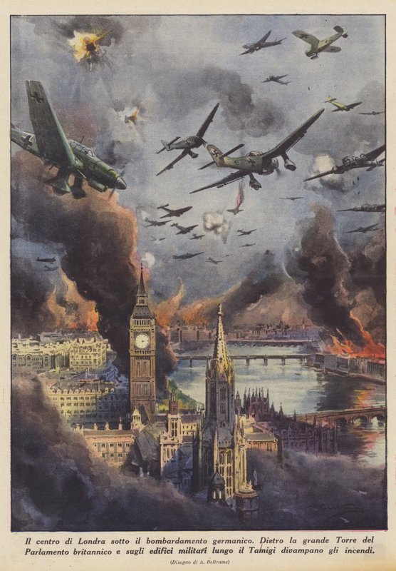 O centro de Londres sob o bombardeamento germânico (Litografia a cores) de Achille Beltrame