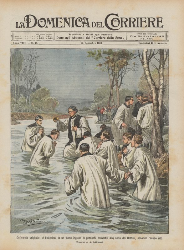 Cerimônia original, o batismo em um rio inglês de vários convertidos à seita de Achille Beltrame