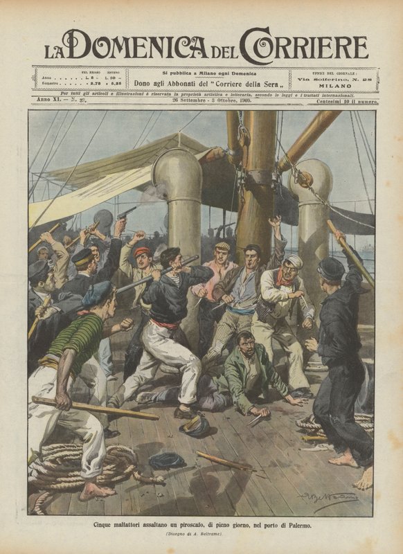 Cinco malfeitores atacam um navio a vapor, dia inteiro, no porto de Palermo de Achille Beltrame