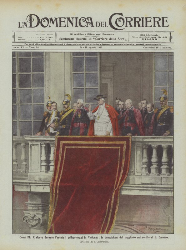 Como Pio X recebe durante o verão as peregrinações ao Vaticano, a bênção da colina na de Achille Beltrame