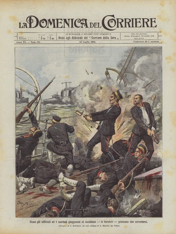 Quando os oficiais e marinheiros japoneses cometem suicídio, os harakiri, em vez de se renderem de Achille Beltrame