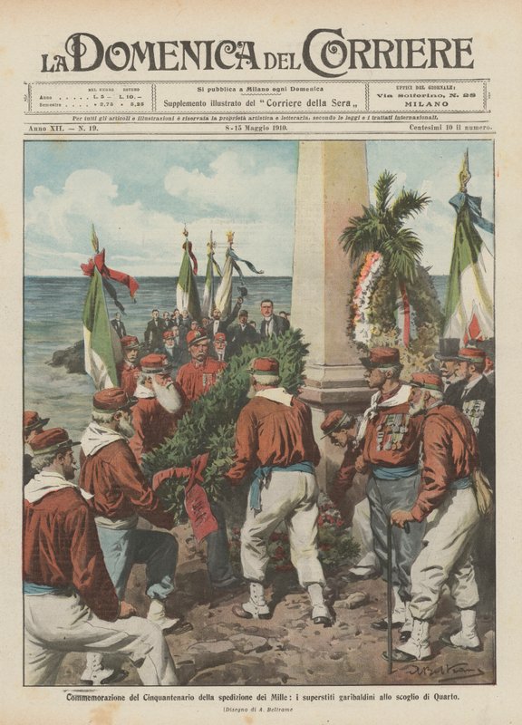 Comemoração do cinquentenário da expedição dos Mil, os sobreviventes de Garibaldi à rocha de Quarto de Achille Beltrame