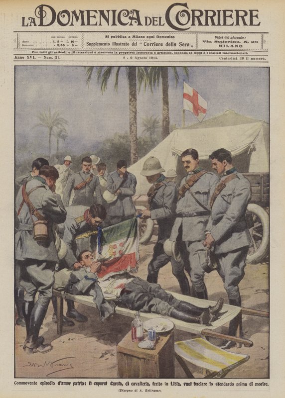 Movendo episódio damor patrio, o caporal Carola, de cavalaria, ferido na Líbia quer beijar de Achille Beltrame