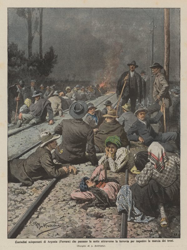Camponeses impressionantes de Argenta (Ferrara) que passam a noite pela estrada de ferro para de Achille Beltrame