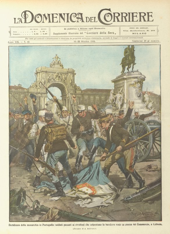 Decadência da monarquia em Portugal, os soldados passaram para os rebeldes que pisam a bandeira de Achille Beltrame