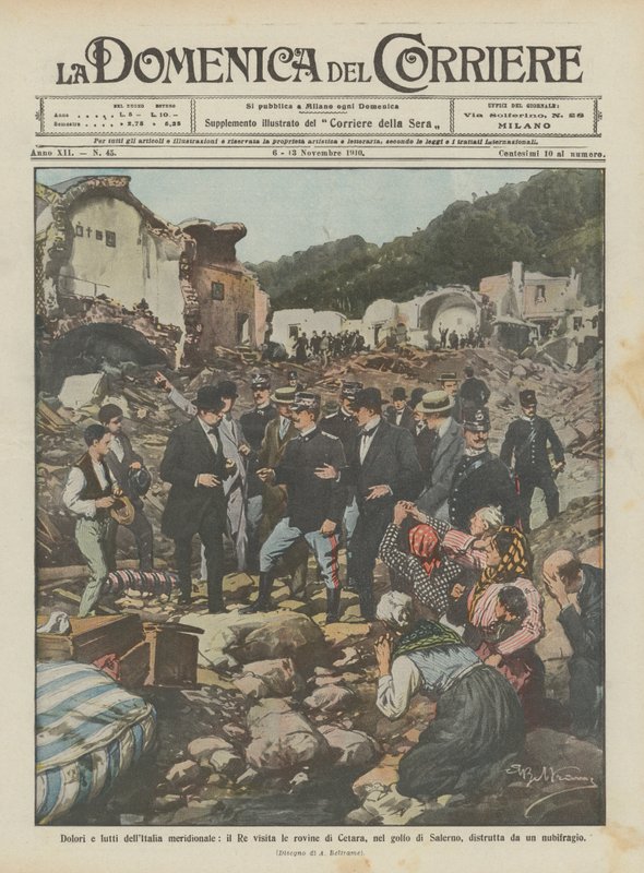 Dores e tristezas do sul da Itália, o rei visita as ruínas de Cetara, no Golfo de Salerno de Achille Beltrame