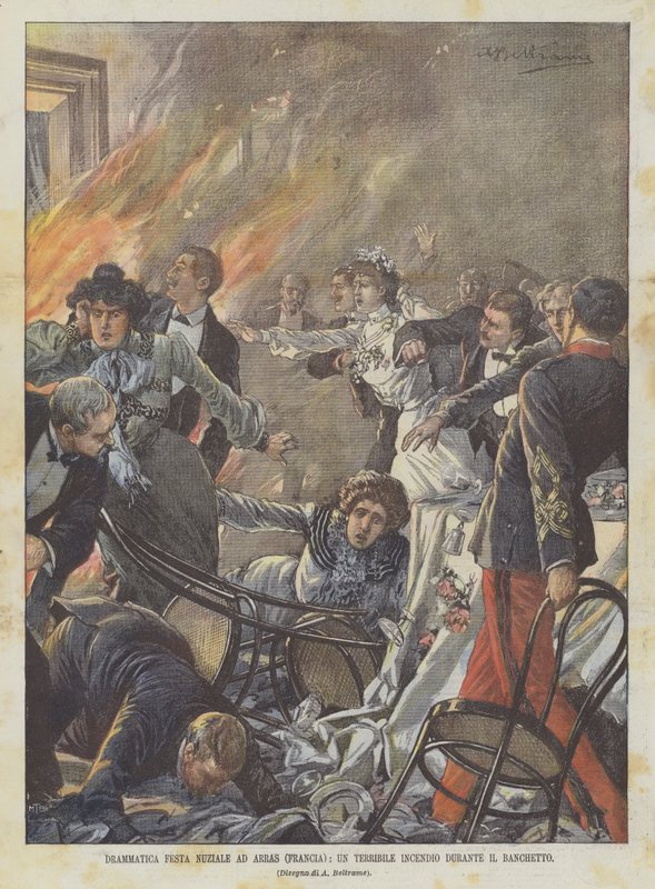 Festa de casamento dramática em Arras (França), um terrível incêndio durante um banquete de Achille Beltrame