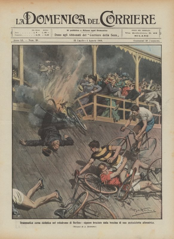 Corrida de ciclismo dramática no velódromo de Berlim, senhoras queimadas pelo combustível de um de Achille Beltrame