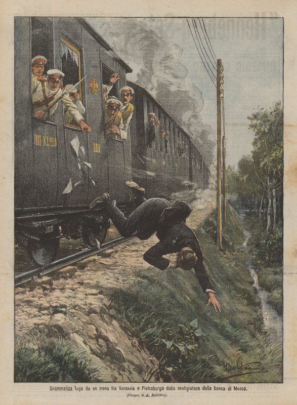 Escapada dramática de um trem entre Varsóvia e Petersburgo da margem de Moscou de Achille Beltrame