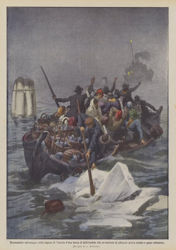 Resgate dramático no barco da duna lagoa de Veneza, ativando-lhes uma laje de Achille Beltrame