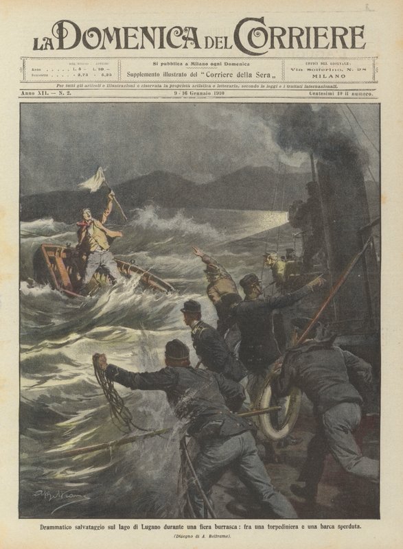 Resgate dramático no Lago Lugano durante uma tempestade, entre um barco torpedo e um barco perdido de Achille Beltrame