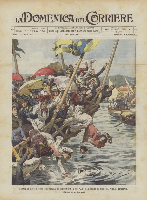 Durante as corridas de natação em La Spezia, O corte de um palco e a queda no mar da platéia aplaudindo de Achille Beltrame