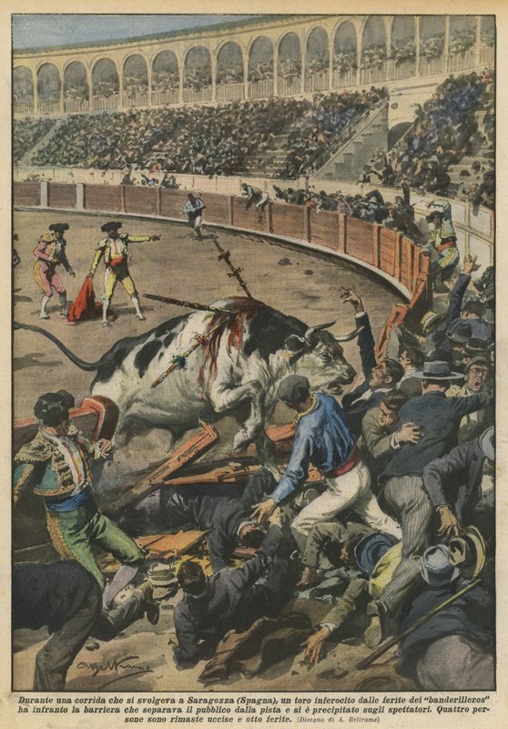 Durante uma tourada que ocorreu em Zaragoza (Espanha), um touro enfurecido pelas feridas do de Achille Beltrame