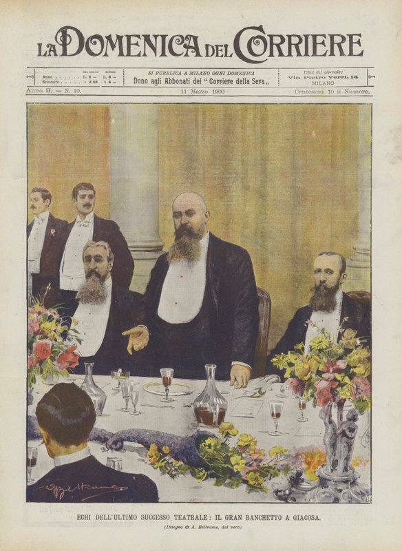 Ecos do último sucesso teatral, o grande banquete em Giacosa de Achille Beltrame