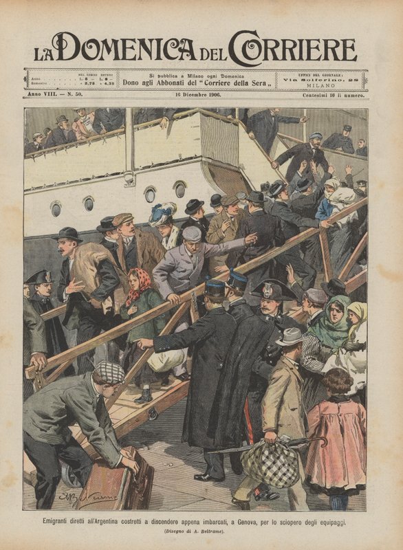 Emigrantes foram para a Argentina obrigados a descer logo que embarcou, em Gênova, para a greve das tripulações de Achille Beltrame