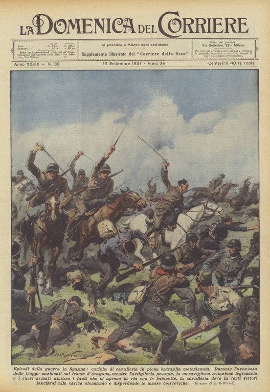 Episódios da guerra na Espanha, acusações de cavalaria em plena batalha motorizada de Achille Beltrame