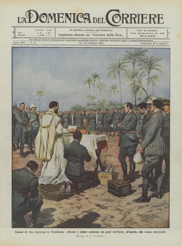 Episódios de vida bélica na Tripolitânia, oficiais e soldados ajudam nos lugares fortificados de Achille Beltrame