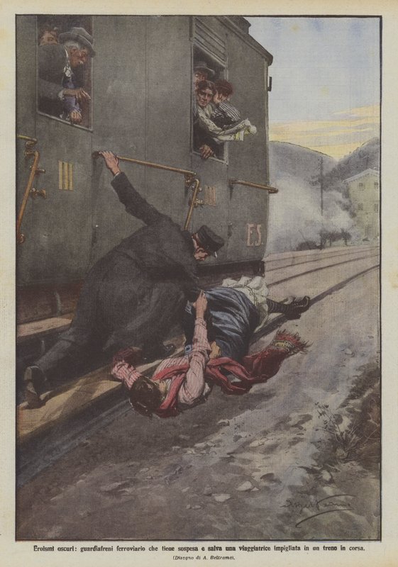 Heroismos negros, guardas ferroviários que seguram um viajante suspenso e resgatado em um trem em funcionamento de Achille Beltrame