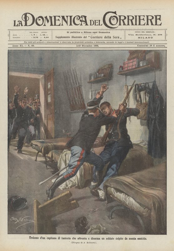 Heroísmo de um capitão de infantaria que enfrenta e desarma um soldado atingido por uma mania assassina de Achille Beltrame