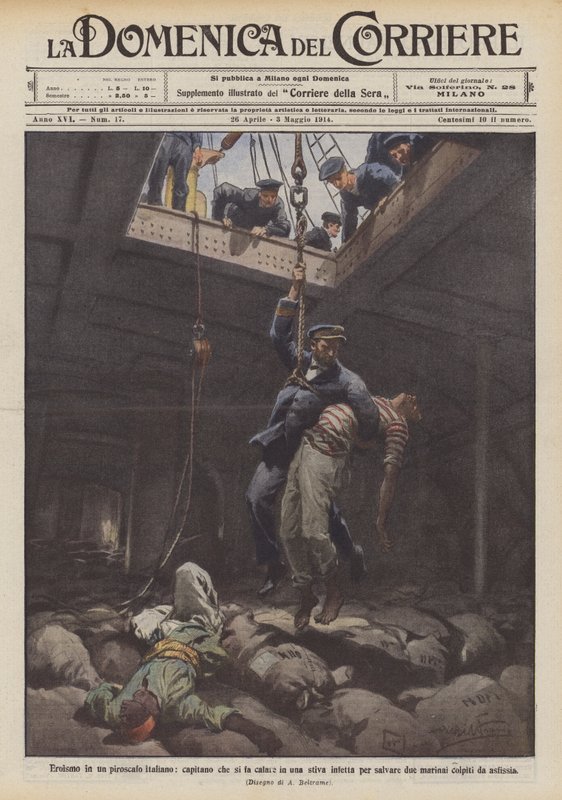 Heroísmo em um navio a vapor italiano, um capitão que cai em um porão infectado para salvar dois de Achille Beltrame