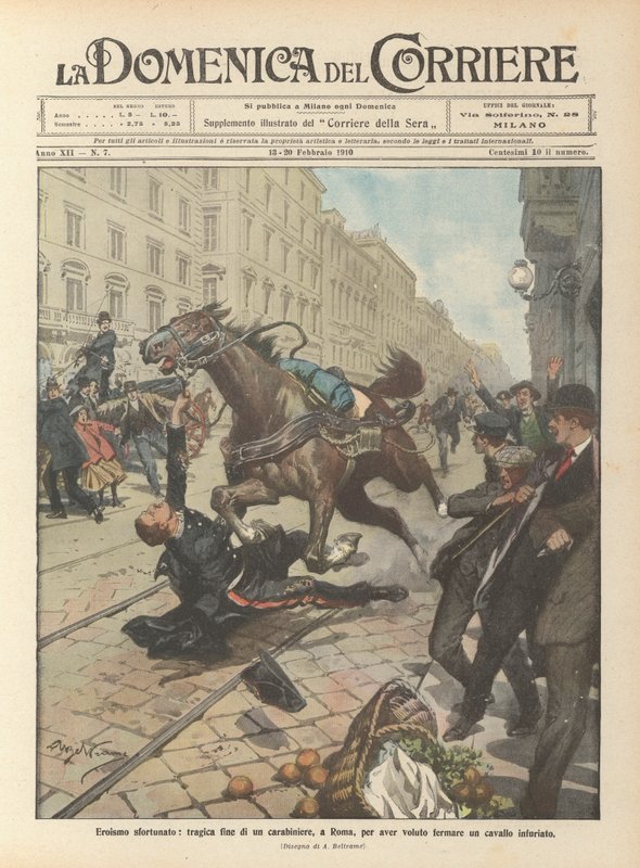 Infeliz heroísmo, fim trágico de um carabineiro, em Roma, por querer deter um cavalo enfurecido de Achille Beltrame
