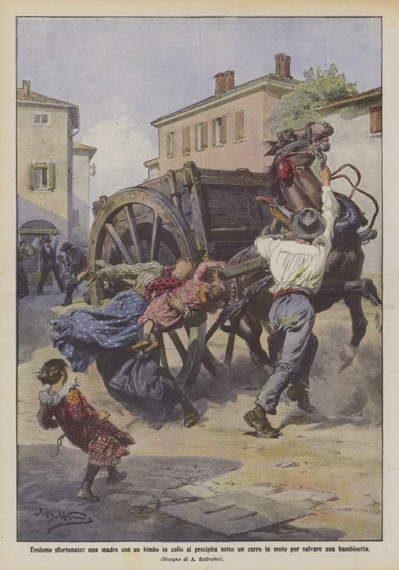 Azarado heroísmo, uma mãe com um bebê no pescoço corre em uma carruagem em movimento para salvar uma garotinha de Achille Beltrame