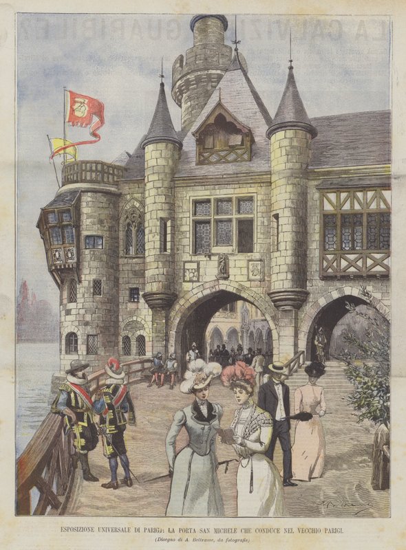 Exposição Universal de Paris, a Porta San Michele, que leva à velha Paris de Achille Beltrame