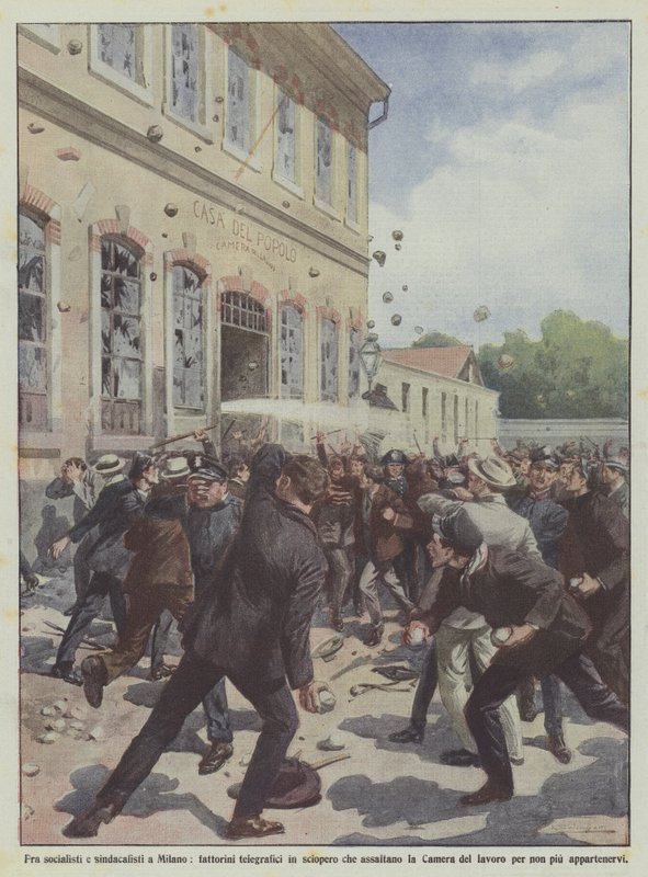 Entre socialistas e sindicalistas em Milão, telegrafistas em greve que assaltam a Câmara de Achille Beltrame
