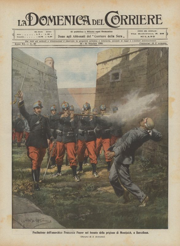 Tiro do anarquista Francesco Ferrer no fosso da prisão de Montjuich, em Barcelona de Achille Beltrame