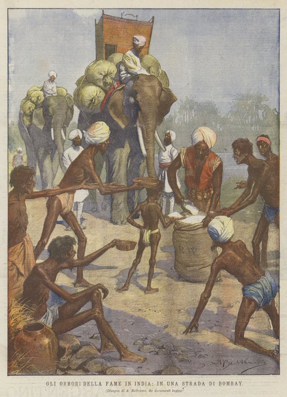 Os Horrores da Fome na Índia, em Uma Rua em Bombaim (cor litho) de Achille Beltrame