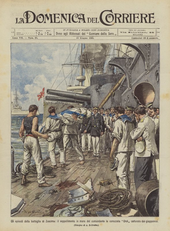 Os episódios da batalha de Zuscima, o enterro do comandante do encouraçado Orel no mar de Achille Beltrame