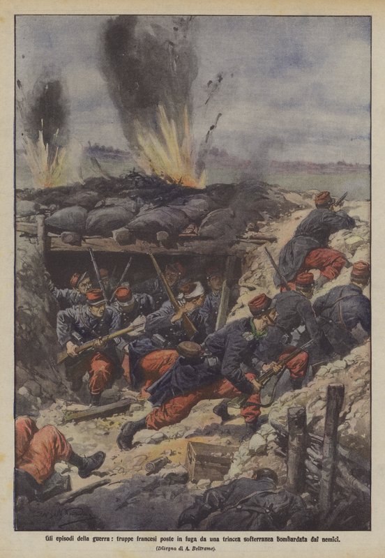 Os episódios da guerra, tropas francesas que fogem de uma trincheira do Softerranean bombardeada por inimigos de Achille Beltrame