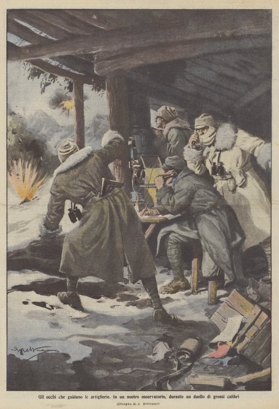 Os olhos que guiam a artilharia, em um dos nossos observatórios, durante um duelo de grandes armas de Achille Beltrame