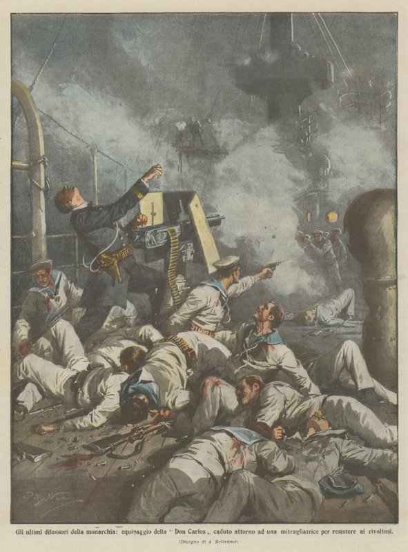 Os últimos defensores da monarquia, a tripulação de Don Carlos caiu em torno de um de Achille Beltrame