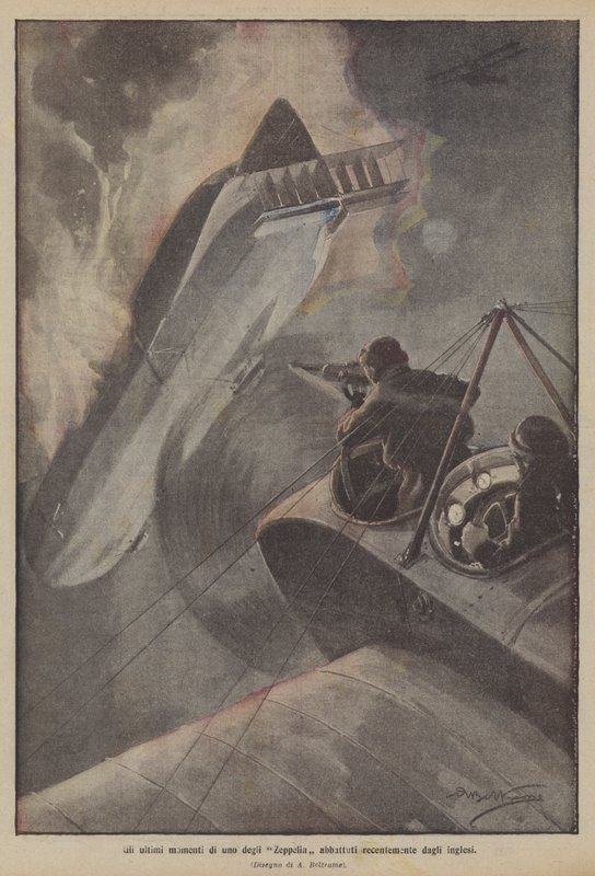 Os últimos momentos de um dos zepelins derrubados recentemente pelos britânicos de Achille Beltrame