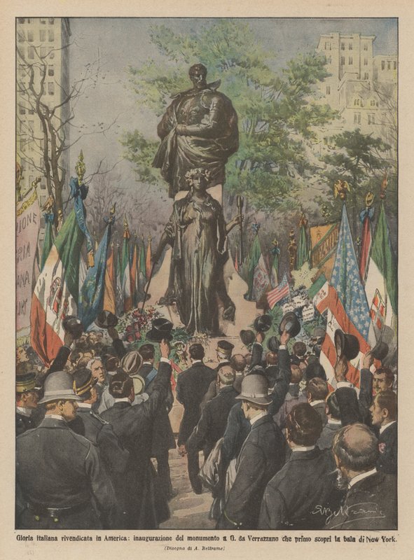 Glória italiana alegou na América, inauguração do monumento a G de Verrazzano que primeiro de Achille Beltrame