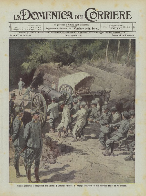 Grandes manobras de artilharia no Campi dAnnibale (Rocca di Papa), transporte de uma argamassa feita por 60 soldados de Achille Beltrame