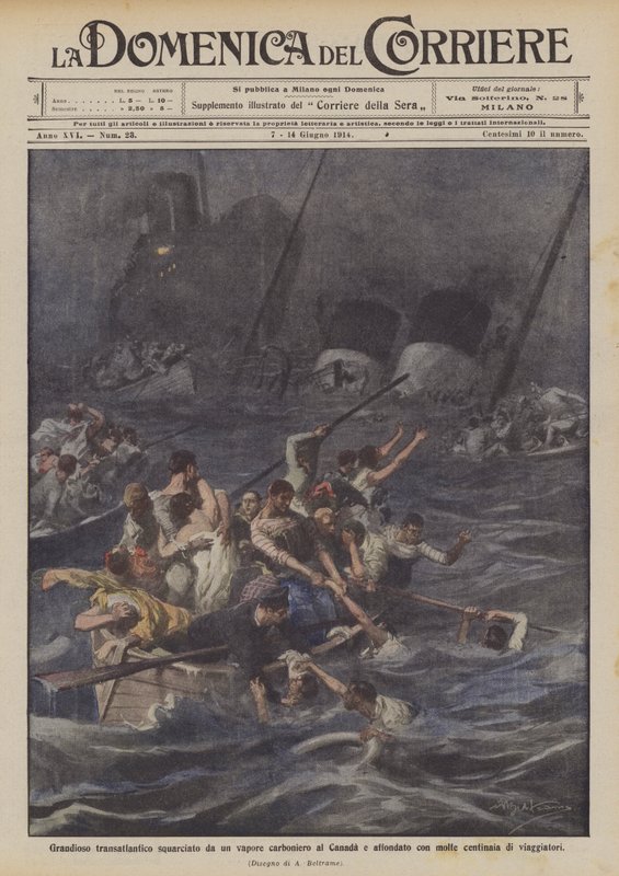 Grande transatlântico cortado por um mineiro de carvão para o Canadá e afundado com muitos de Achille Beltrame