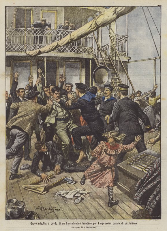 Grave corpo a corpo a bordo de um navio francês para a repentina loucura de um italiano de Achille Beltrame