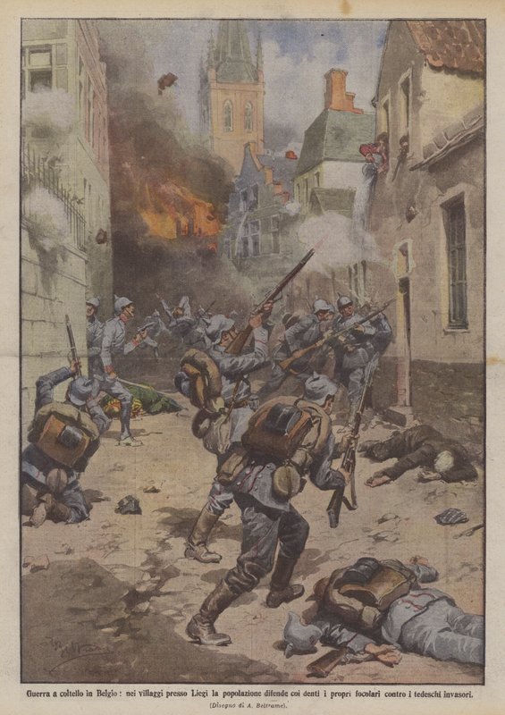 Faca de guerra na Bélgica, nas aldeias perto de Liege o povo defende seus próprios dentes de Achille Beltrame