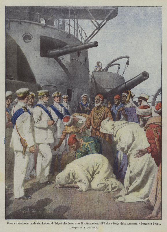 Guerra ítalo-turca, árabes do entorno de Trípoli que atuam como subjugação à Itália de Achille Beltrame