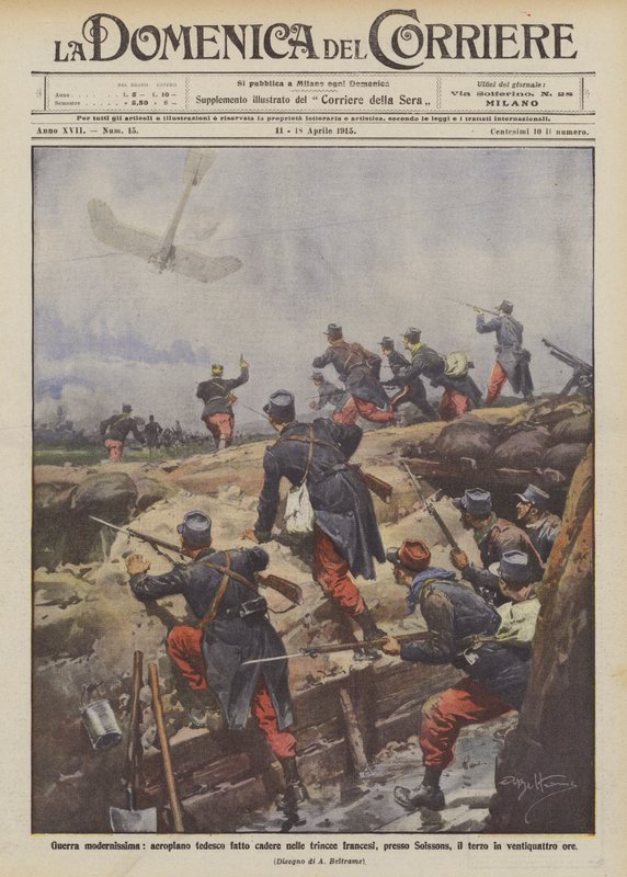 Guerra muito moderna, o avião alemão caiu nas trincheiras francesas, em Soissons de Achille Beltrame