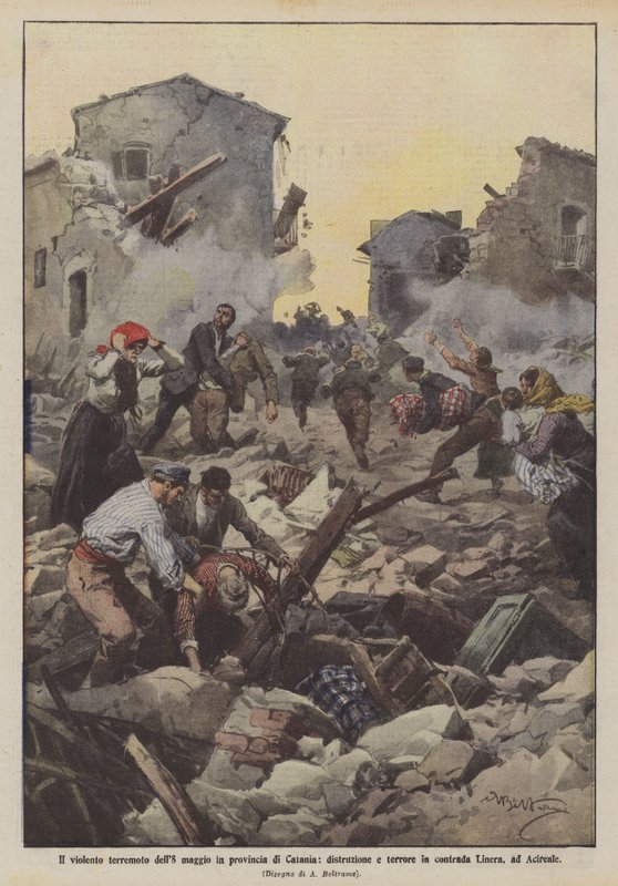 O violento terremoto de 8 de maio na província de Catania, destruição e terror no distrito de Linera, em Acireale de Achille Beltrame